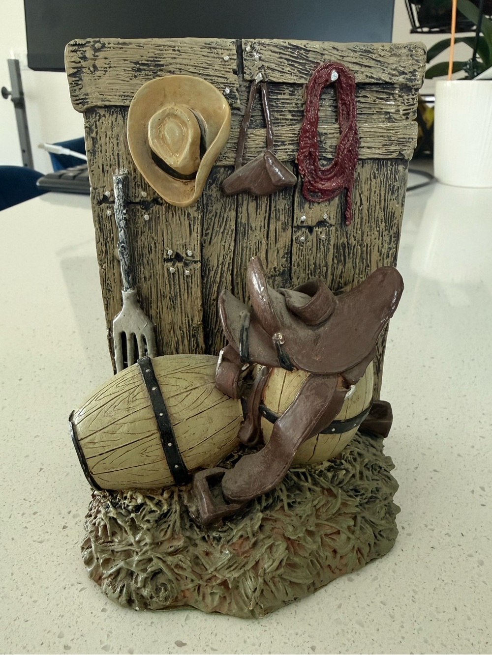 Rustic Cowboy Saddle & Barrel Decorative Sculpture - Brown and Tan